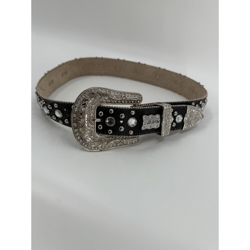 BHW Womens Black Leather Rhinestone Silver Studded Western Buckle Belt 30-34 SM
